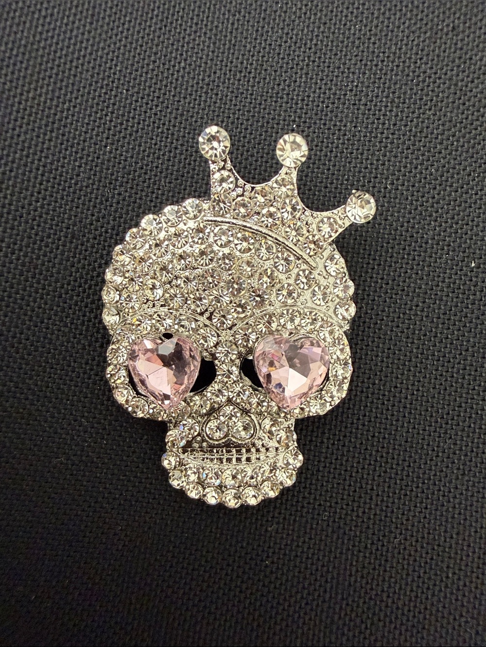 Rhinestone Skull Brooch with Pink Heart Eyes and Crown